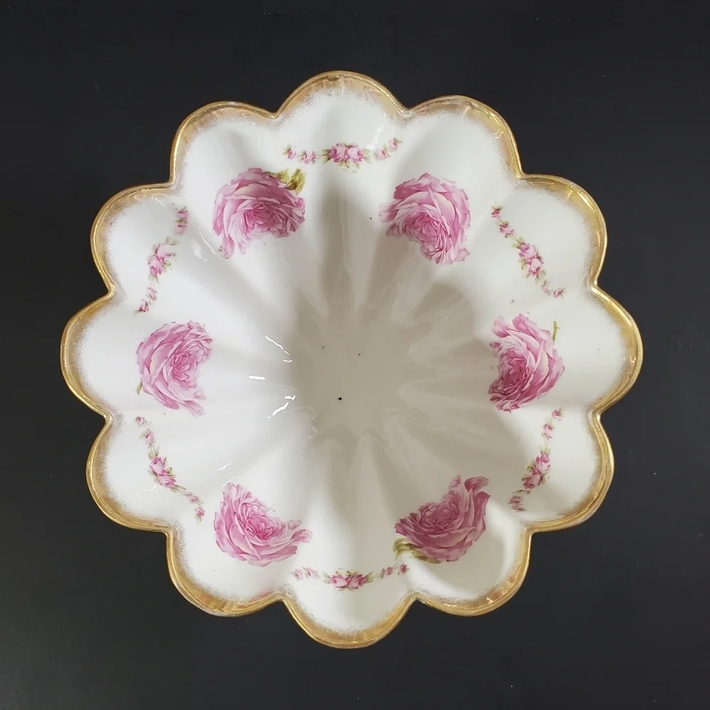 Kuna Steinmann Bridal Rose Footed Pedestal Bowl Gold Trim Germany Vintage